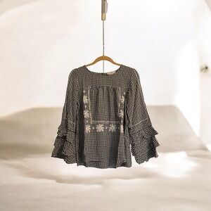 Vintage America Blues Black & White Gingham Blouse Cottagecore Sz M